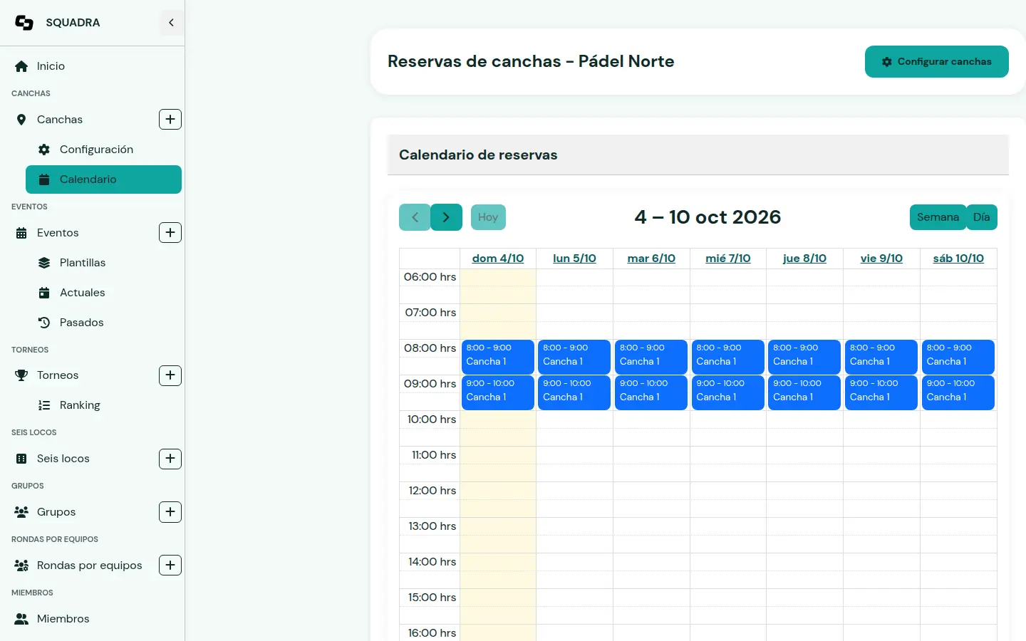 Calendario de reservas de canchas de pádel en Squadra visto por un jugador