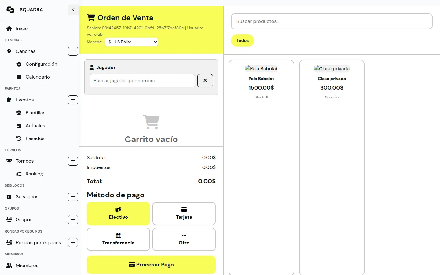 Punto de venta de Squadra para la barra de un club de pádel