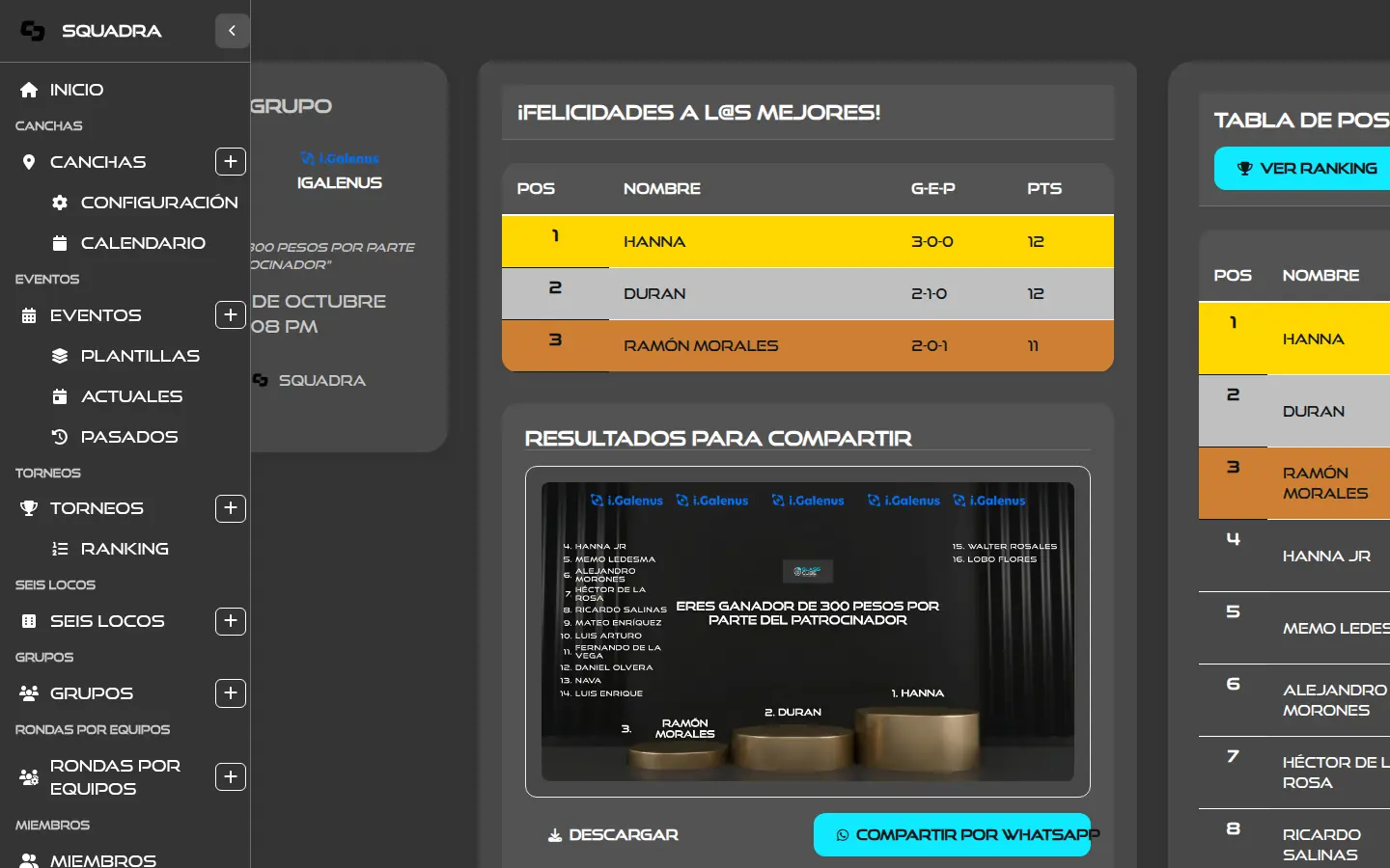 Tablero de un americano de pádel con ranking en vivo
